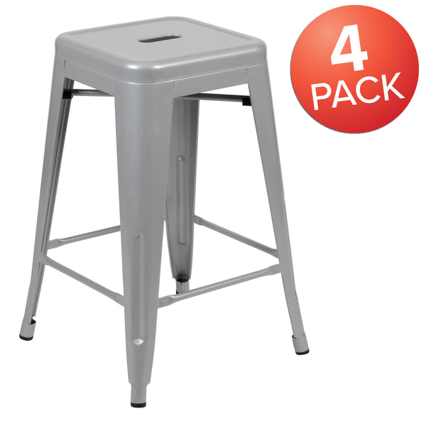 Silver |#| 4 Pack 24inch High Metal Indoor Counter Bar Stool - Stackable Stool, Silver