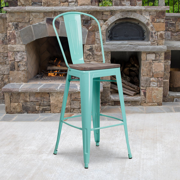 Mint Green |#| 30inch High Mint Green Metal Barstool with Back and Wood Seat