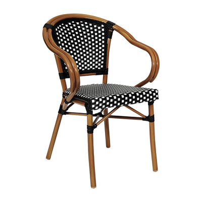 Bordeaux Indoor/Outdoor Commercial Bistro Stacking Chair with Arms, PE Rattan and Bamboo Print Aluminum Frame - View 1