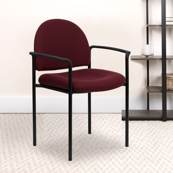 Burgundy Fabric |#| Comfort Burgundy Fabric Stackable Steel Side Reception Chair with Arms - Office