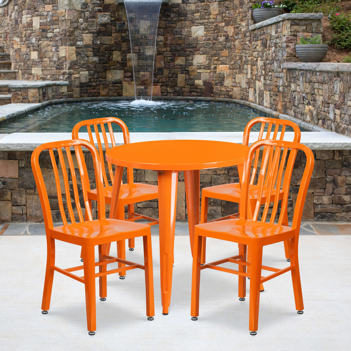 Orange |#| 30inch Round Orange Metal Indoor-Outdoor Table Set with 4 Vertical Slat Back Chairs