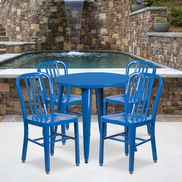 Blue |#| 30inch Round Blue Metal Indoor-Outdoor Table Set with 4 Vertical Slat Back Chairs