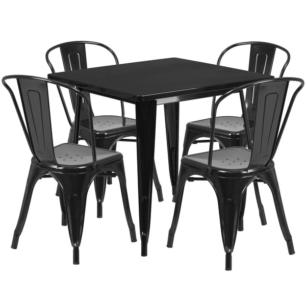 Black |#| 31.5inch Square Black Metal Indoor-Outdoor Table Set with 4 Stack Chairs