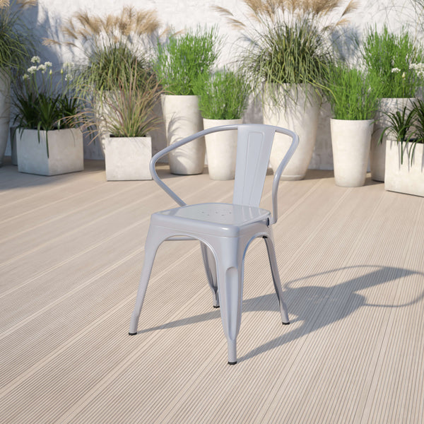 Silver |#| Silver Metal Indoor-Outdoor Chair with Arms - Restaurant Furniture