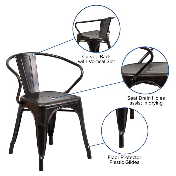 Black-Antique Gold |#| Black-Antique Gold Stackable Metal Indoor-Outdoor Chair with Arms - Bistro Chair