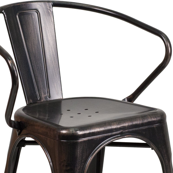 Black-Antique Gold |#| Black-Antique Gold Stackable Metal Indoor-Outdoor Chair with Arms - Bistro Chair