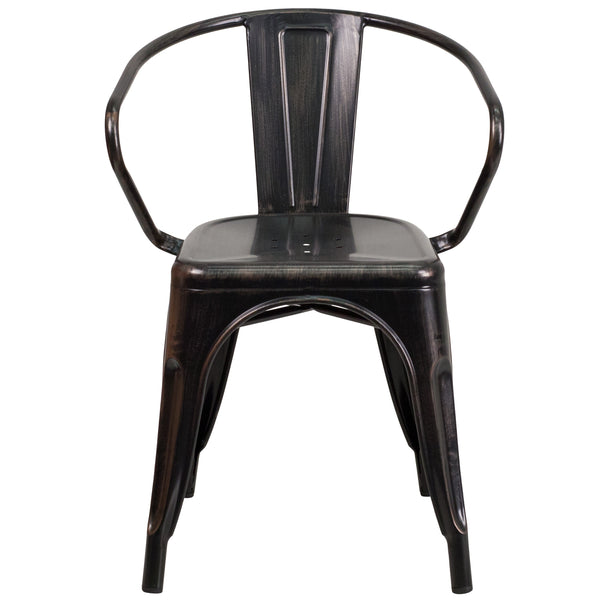 Black-Antique Gold |#| Black-Antique Gold Stackable Metal Indoor-Outdoor Chair with Arms - Bistro Chair