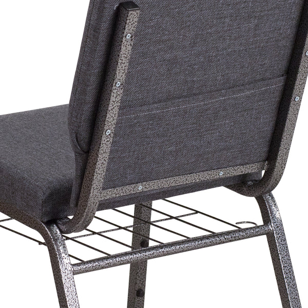 Dark Gray Fabric/Silver Vein Frame |#| 18.5inchW Church Chair in Dark Gray Fabric with Book Rack - Silver Vein Frame