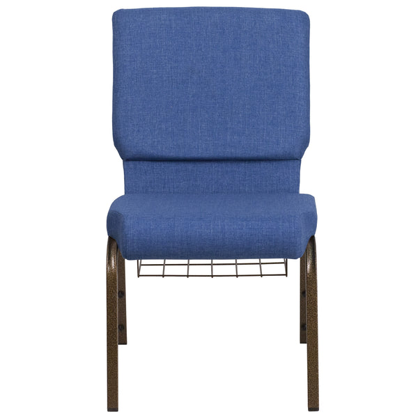 Blue Fabric/Gold Vein Frame |#| 18.5inchW Church Chair in Blue Fabric with Cup Book Rack - Gold Vein Frame