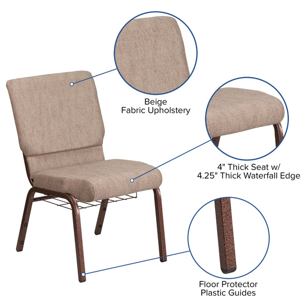 Beige Fabric/Copper Vein Frame |#| 18.5inchW Church Chair in Beige Fabric with Book Rack - Copper Vein Frame