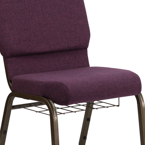 Plum Fabric/Gold Vein Frame |#| 18.5inchW Church Chair in Plum Fabric with Cup Book Rack - Gold Vein Frame