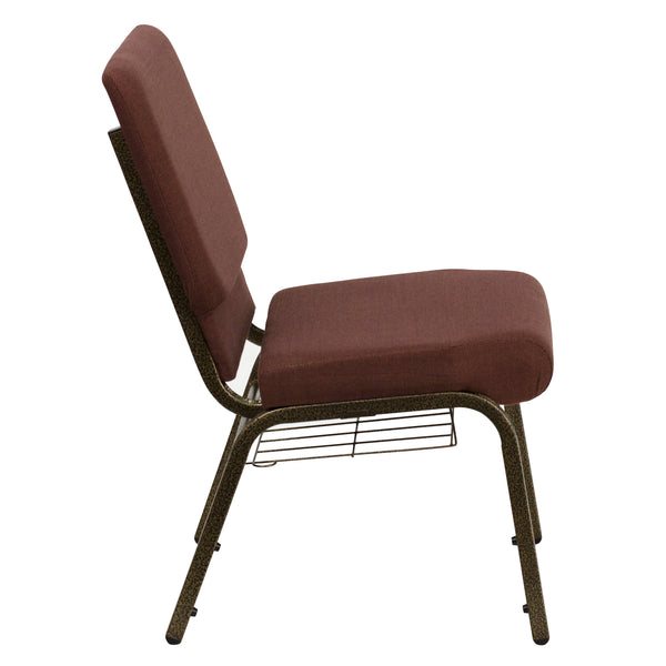 Brown Fabric/Gold Vein Frame |#| 18.5inchW Church Chair in Brown Fabric with Cup Book Rack - Gold Vein Frame