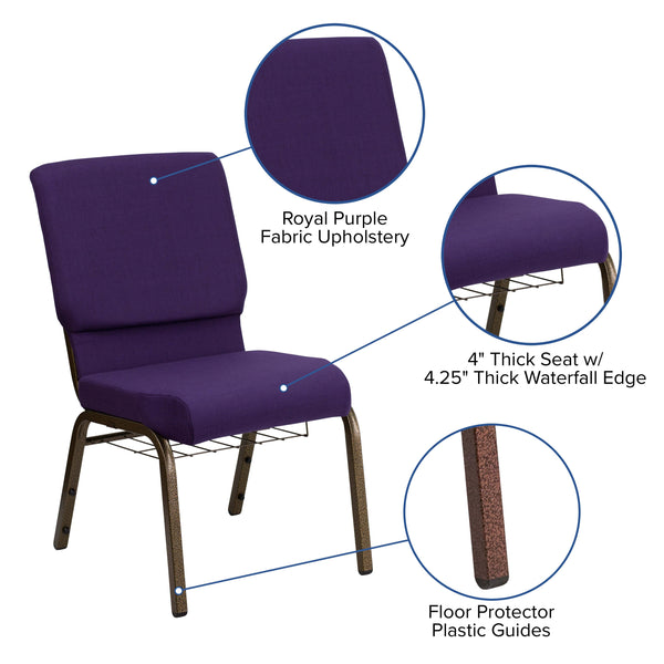 Royal Purple Fabric/Gold Vein Frame |#| 18.5inchW Church Chair in Royal Purple Fabric with Cup Book Rack - Gold Vein Frame