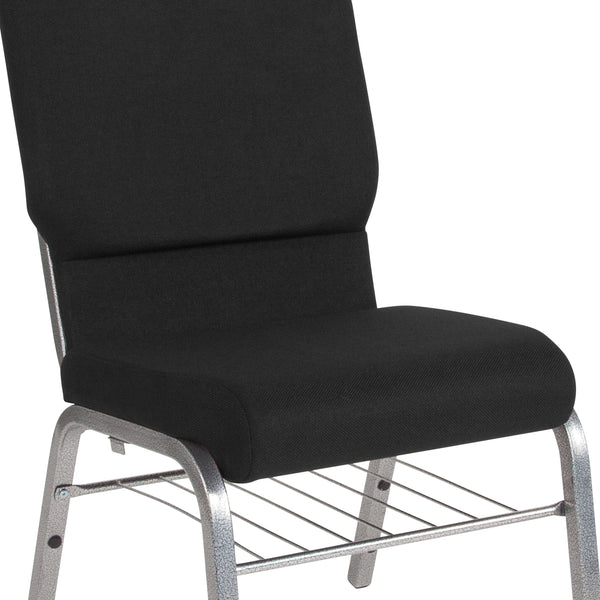 Black Fabric/Silver Vein Frame |#| 18.5inchW Church Chair in Black Fabric with Book Rack - Silver Vein Frame