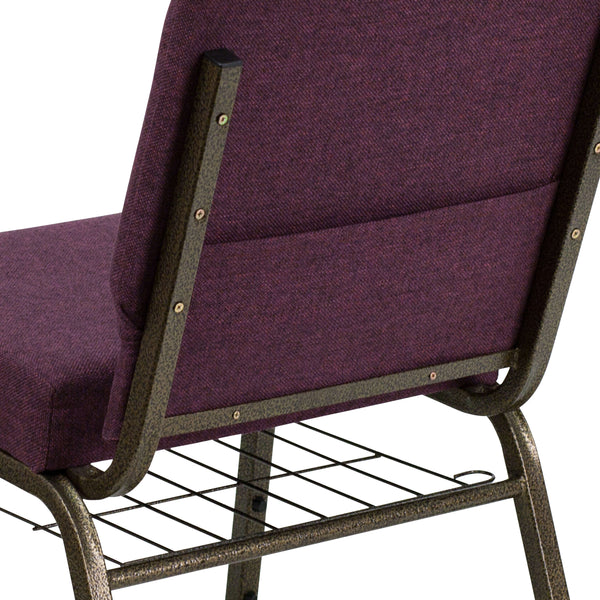 Plum Fabric/Gold Vein Frame |#| 21inchW Church Chair in Plum Fabric with Cup Book Rack - Gold Vein Frame