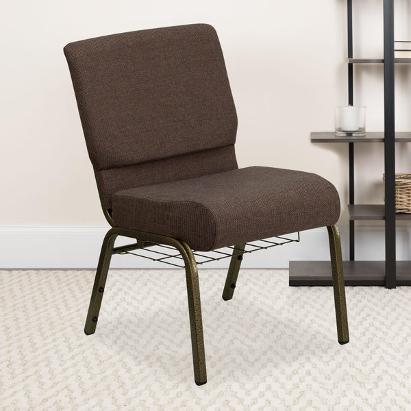 Brown Fabric/Gold Vein Frame |#| 21inchW Church Chair in Brown Fabric with Cup Book Rack - Gold Vein Frame
