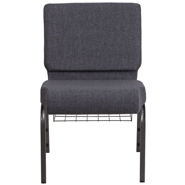Dark Gray Fabric/Silver Vein Frame |#| 21inchW Church Chair in Dark Gray Fabric with Book Rack - Silver Vein Frame