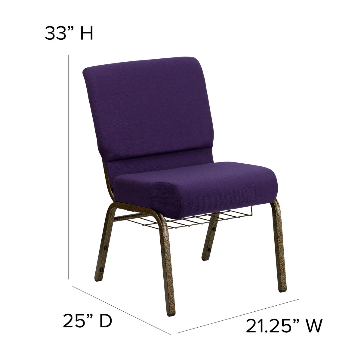 Royal Purple Fabric/Gold Vein Frame |#| 21inchW Church Chair in Royal Purple Fabric with Cup Book Rack - Gold Vein Frame