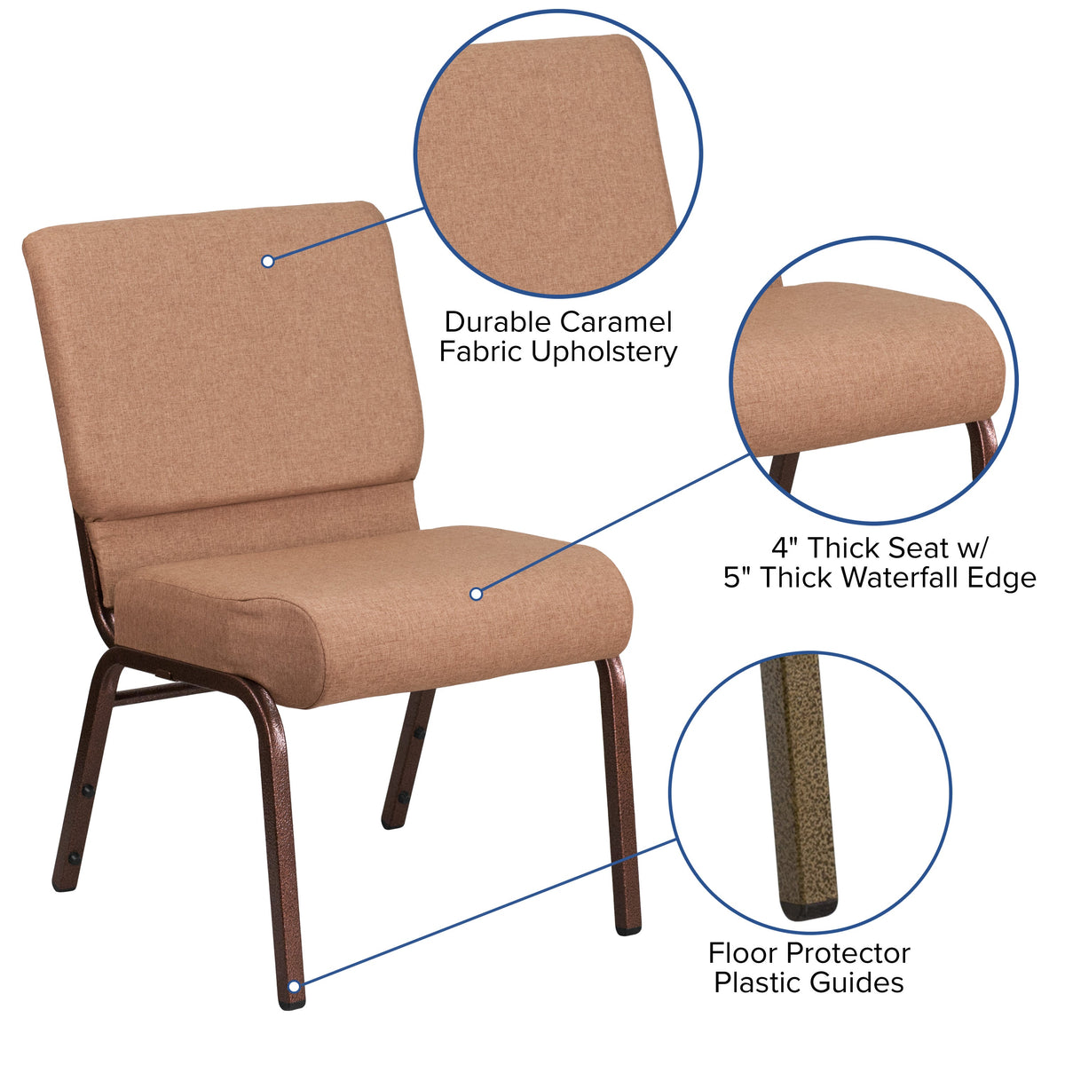 Caramel Fabric/Copper Vein Frame |#| 21inchW Stacking Church Chair in Caramel Fabric - Copper Vein Frame