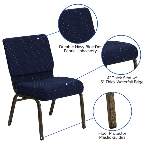 Navy Blue Dot Patterned Fabric/Gold Vein Frame |#| 21inchW Stacking Church Chair in Navy Blue Dot Patterned Fabric - Gold Vein Frame