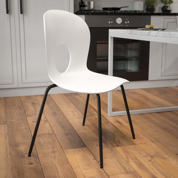 White |#| 770 lb. Capacity Designer White Plastic Stack Chair with Black Frame