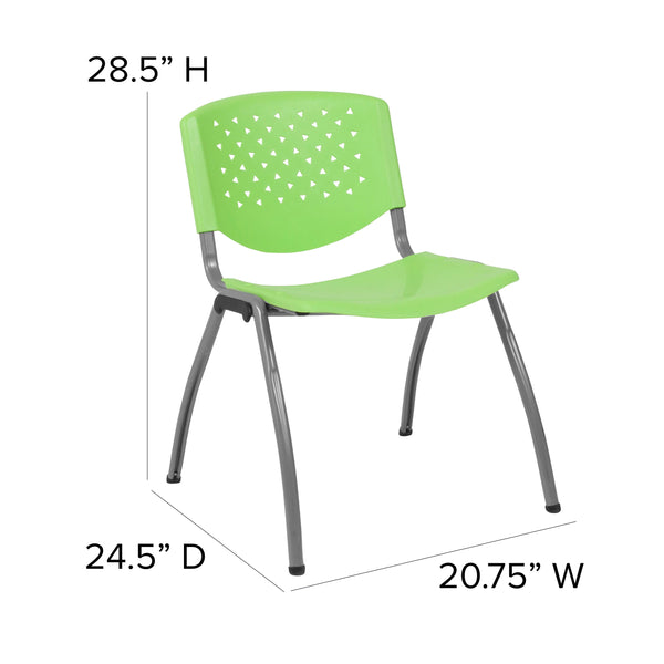 Green |#| 880 lb. Capacity Green Perforated Back Plastic Stack Chair with Gray Frame