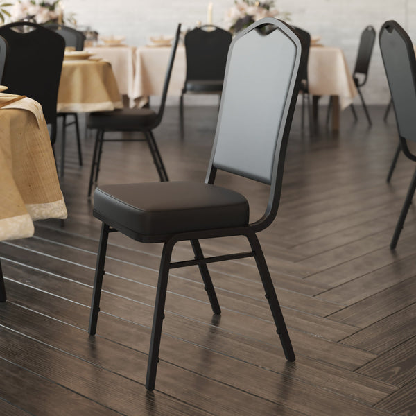 Black Vinyl/Black Frame |#| Crown Back Stacking Banquet Chair in Black Vinyl - Black Frame