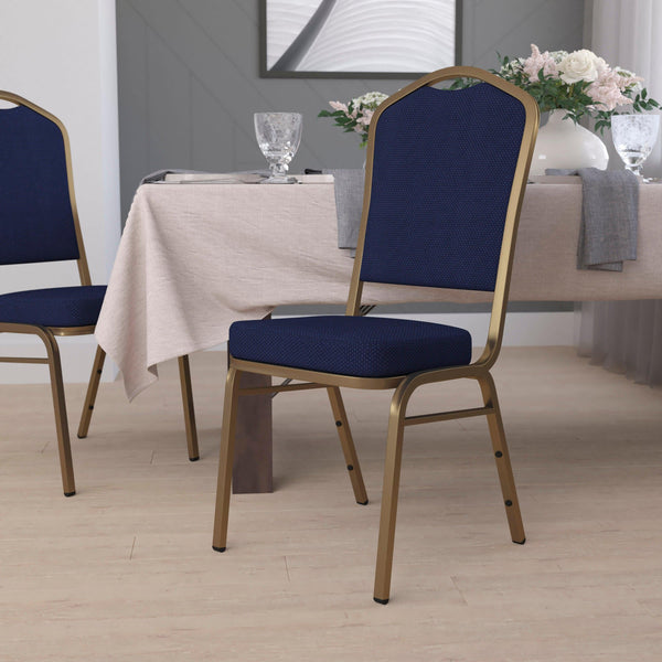 Navy Blue Patterned Fabric/Gold Frame |#| Crown Back Stacking Banquet Chair in Navy Blue Patterned Fabric - Gold Frame