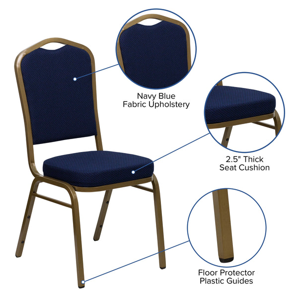Navy Blue Patterned Fabric/Gold Frame |#| Crown Back Stacking Banquet Chair in Navy Blue Patterned Fabric - Gold Frame