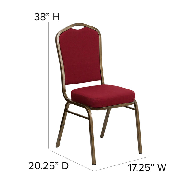 Burgundy Fabric/Gold Frame |#| Crown Back Stacking Banquet Chair in Burgundy Fabric - Gold Frame