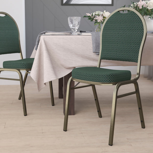 Green Patterned Fabric/Gold Vein Frame |#| Dome Back Stacking Banquet Chair in Green Patterned Fabric - Gold Vein Frame