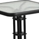 Black |#| 23.5inch Square Glass Metal Table with 2 Black Metal Aluminum Slat Stack Chairs