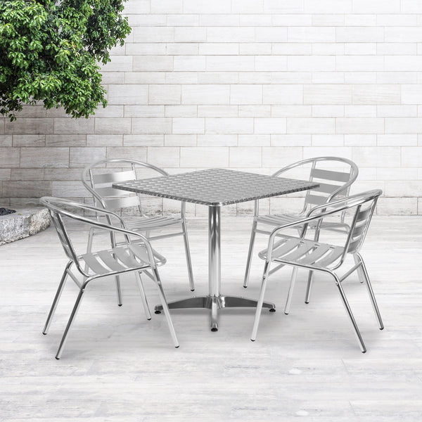 Aluminum |#| 31.5inch Square Aluminum Indoor-Outdoor Table Set with 4 Slat Back Chairs