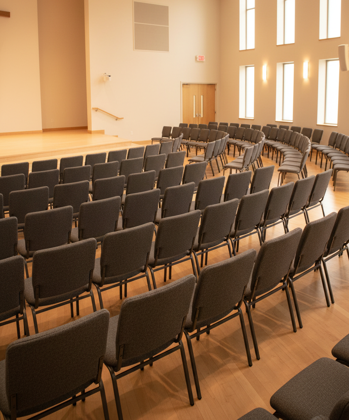 Empty auditorium with rows of chairs facing a stage.