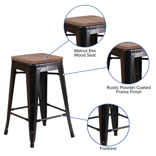 Black-Antique Gold |#| 24inch High Backless Black-Gold Metal Counter Height Stool with Square Wood Seat