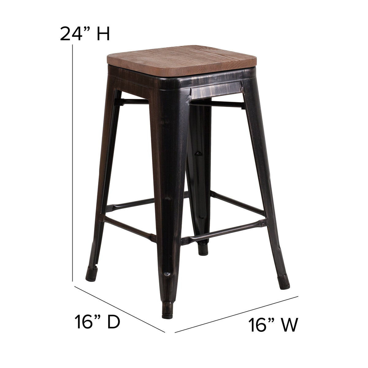 Black-Antique Gold |#| 24inch High Backless Black-Gold Metal Counter Height Stool with Square Wood Seat