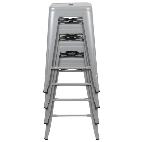 Silver |#| 4 Pack 24inch High Metal Indoor Counter Bar Stool - Stackable Stool, Silver