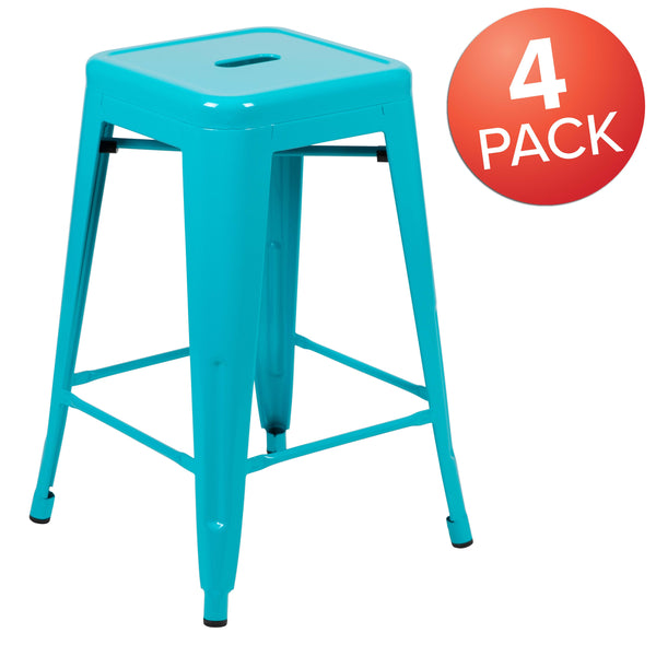 Teal |#| 4 Pack 24inch High Metal Indoor Counter Bar Stool - Stackable Stool, Teal