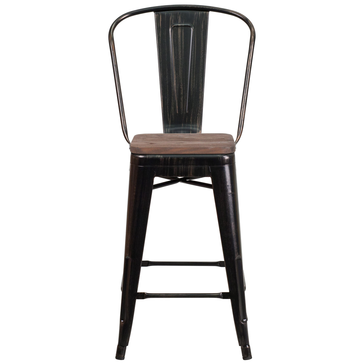 Black-Antique Gold |#| 24inch High Black-Antique Gold Metal Counter Height Stool with Back and Wood Seat