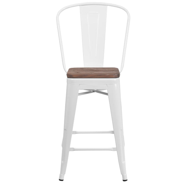 White |#| 24inch High White Metal Counter Height Stool with Back and Wood Seat