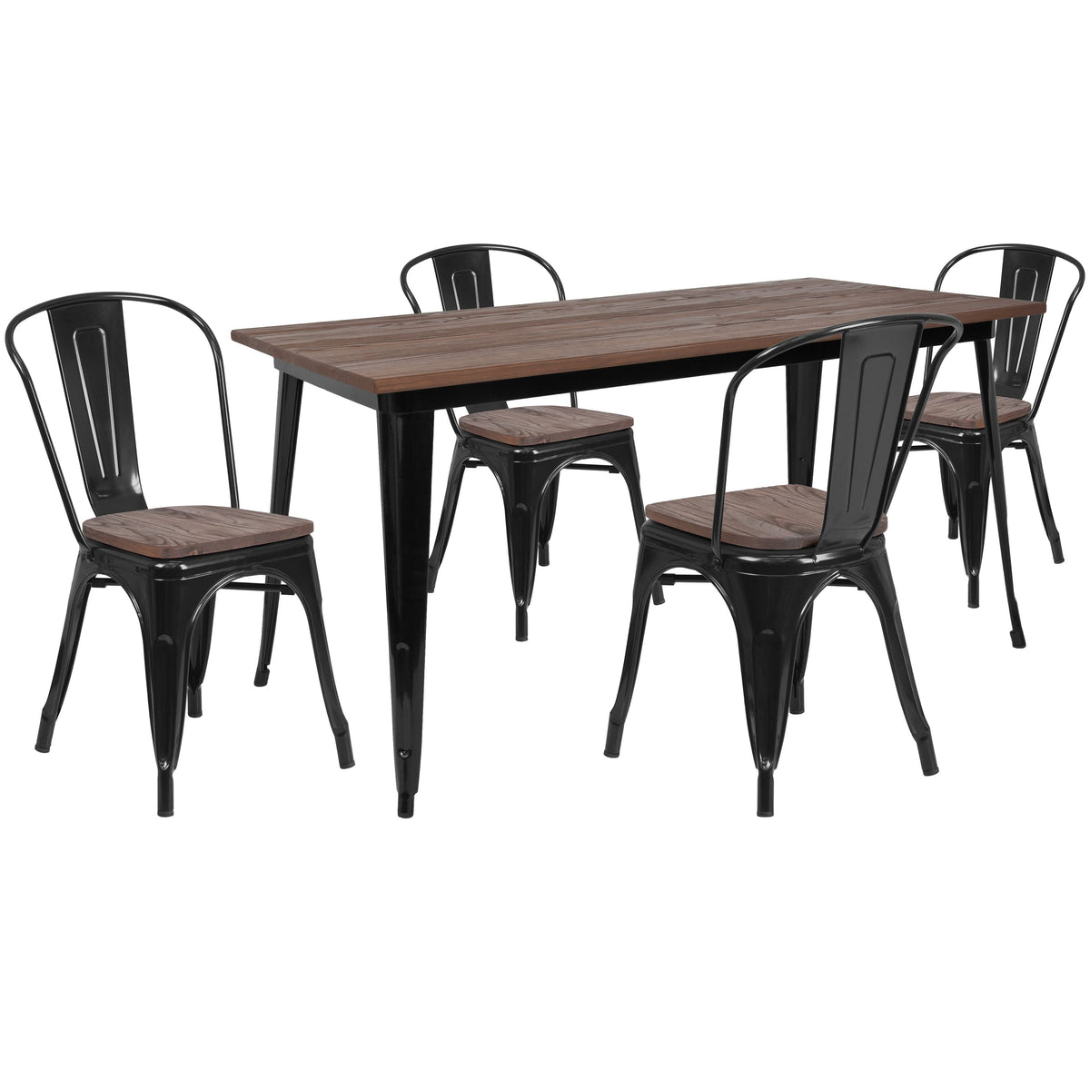 Black |#| 30.25inch x 60inch Black Metal Table Set with Wood Top and 4 Stack Chairs