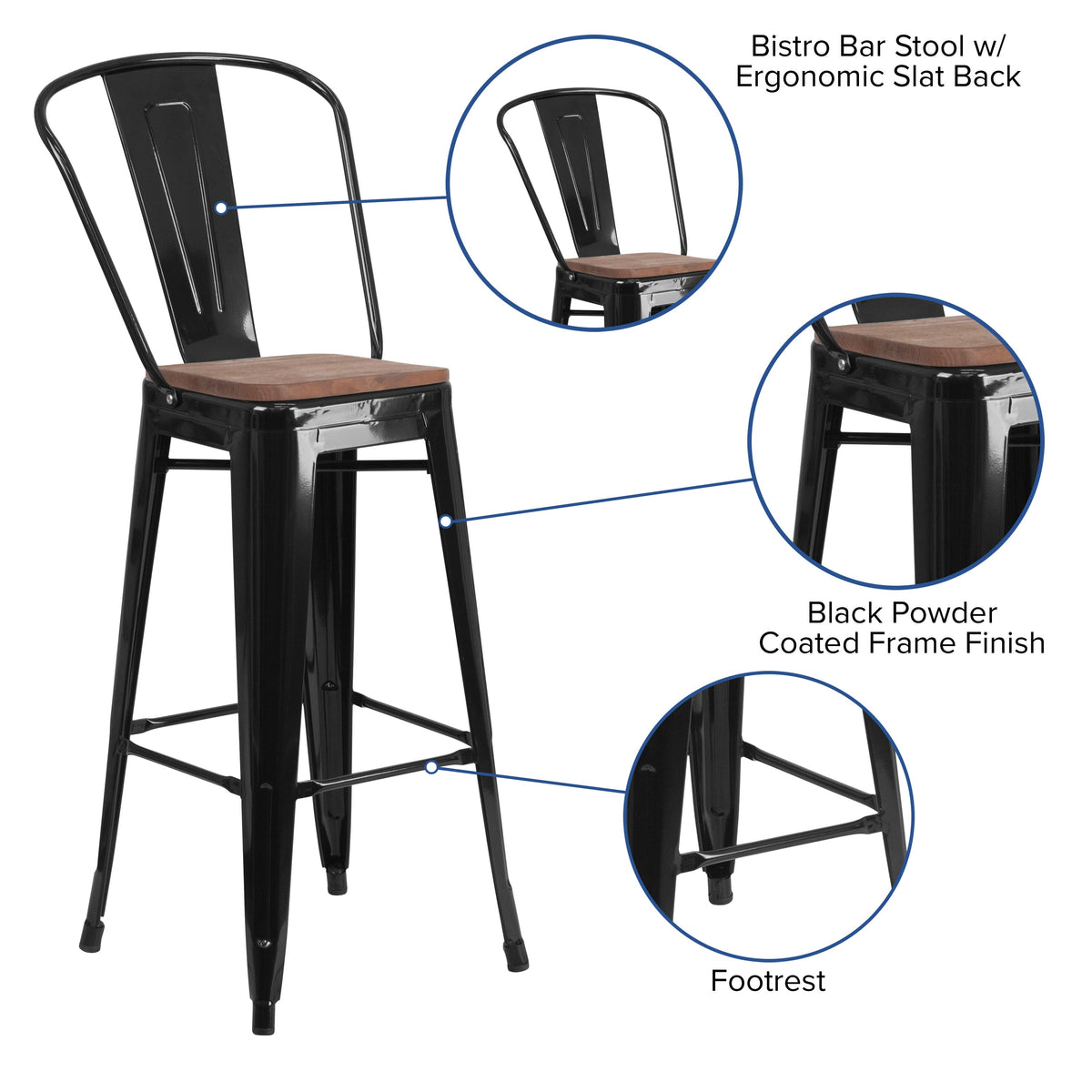 Black |#| 30inch High Black Metal Barstool with Back and Wood Seat - Kitchen Furniture