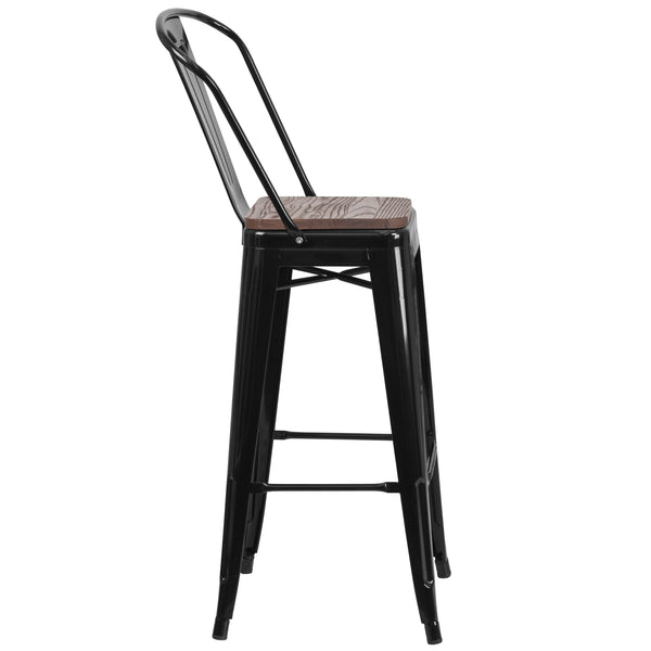 Black |#| 30inch High Black Metal Barstool with Back and Wood Seat - Kitchen Furniture