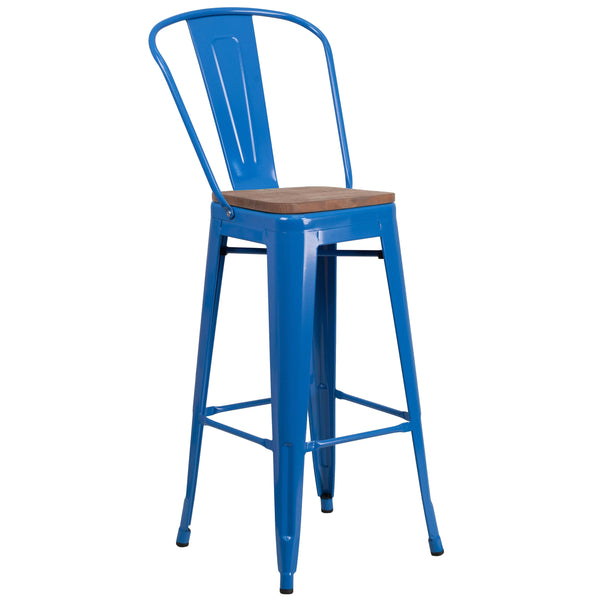 Blue |#| 30inch High Blue Metal Barstool with Back and Wood Seat - Kitchen Furniture