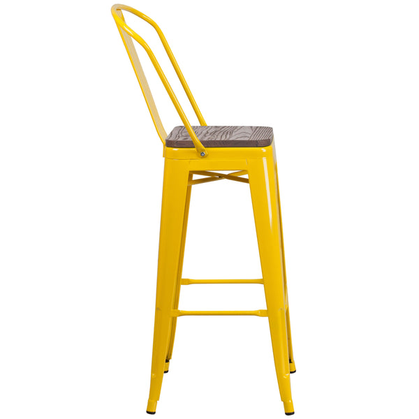 Yellow |#| 30inch High Yellow Metal Barstool with Back and Wood Seat - Kitchen Furniture