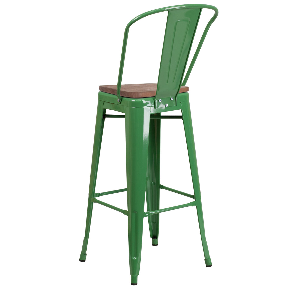 Green |#| 30inch High Green Metal Barstool with Back and Wood Seat - Kitchen Furniture