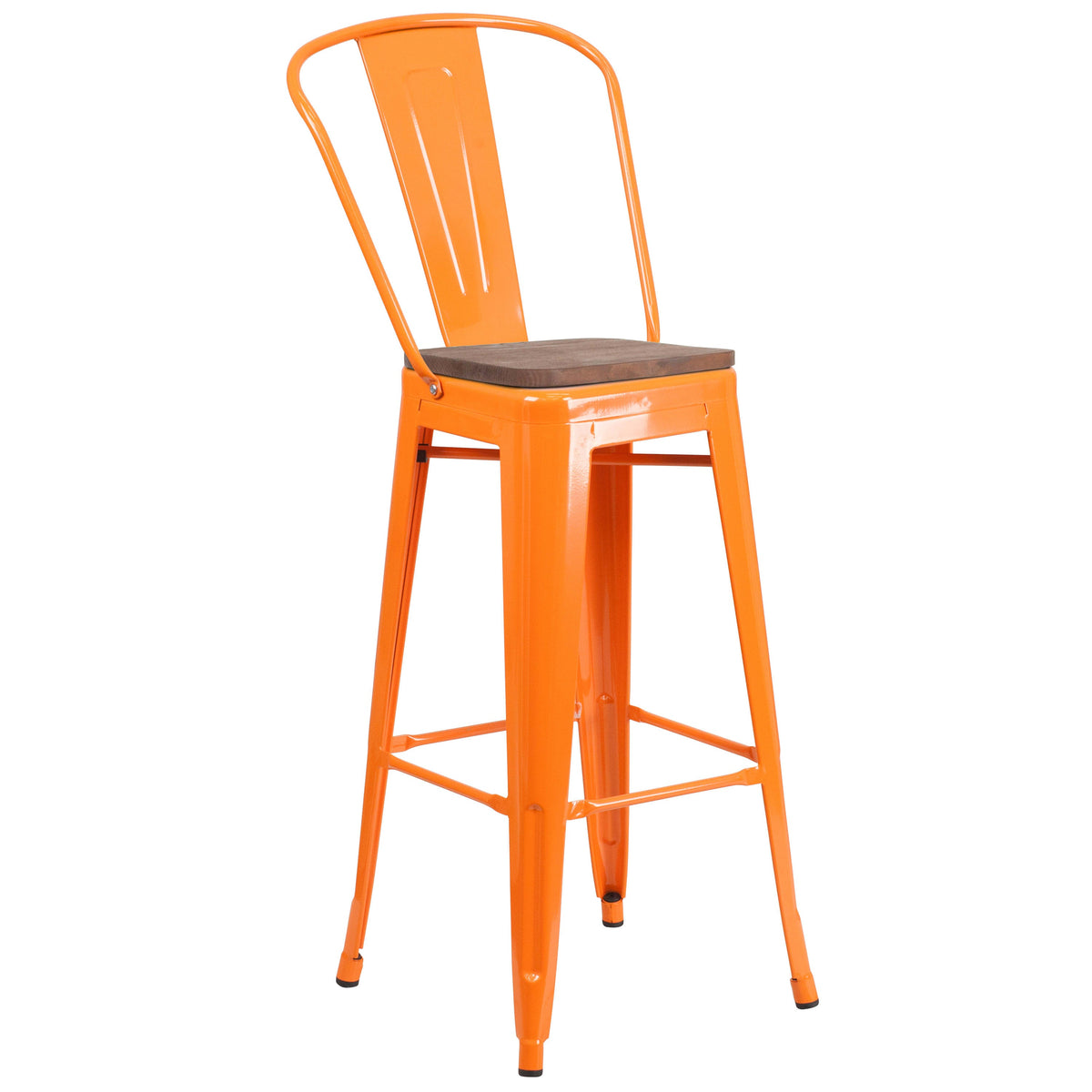 Orange |#| 30inch High Orange Metal Barstool with Back and Wood Seat - Kitchen Furniture