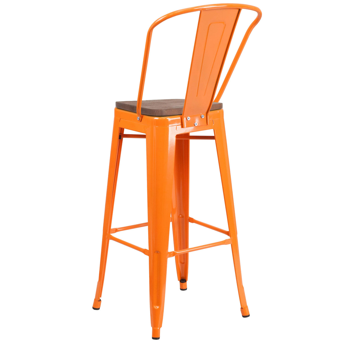 Orange |#| 30inch High Orange Metal Barstool with Back and Wood Seat - Kitchen Furniture