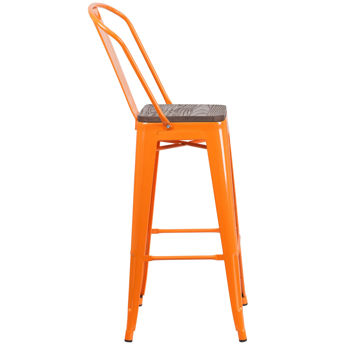 Orange |#| 30inch High Orange Metal Barstool with Back and Wood Seat - Kitchen Furniture