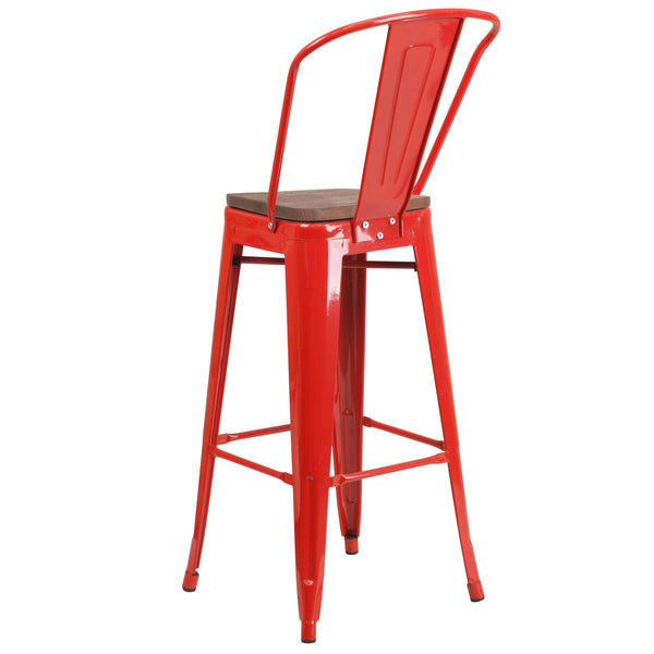 Red |#| 30inch High Red Metal Barstool with Back and Wood Seat - Kitchen Furniture